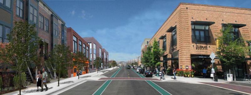 Revitalized shopping area with bike lanes and crosswalks