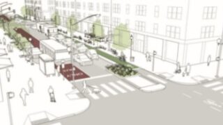 Wireframe rendering of a city corner